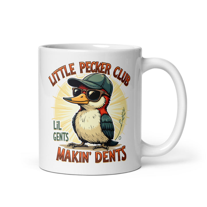 Funny Satire Coffee Mug featuring a bird wearing sunglasses and a cap with humorous text