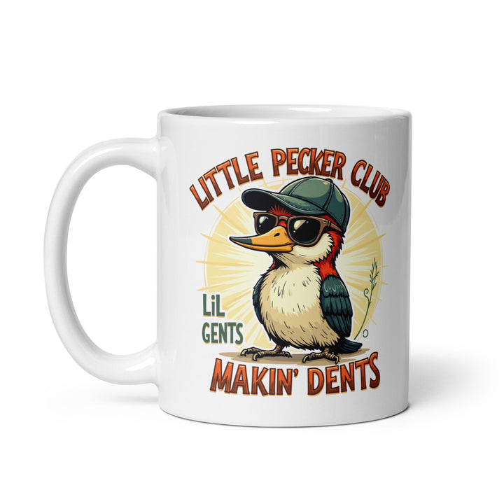 Funny Satire Coffee Mug featuring a woodpecker in sunglasses and playful text for humor lovers