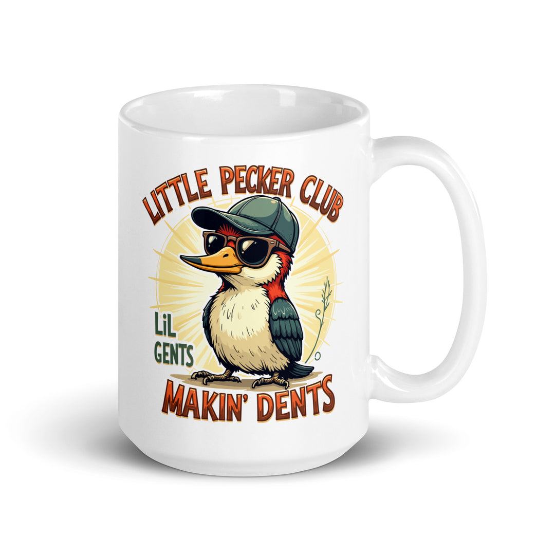 Funny Satire Coffee Mug featuring a cool woodpecker with sunglasses and a humorous club slogan