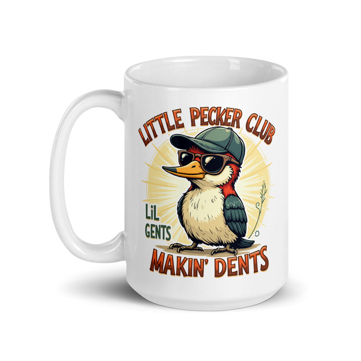 Funny Satire Coffee Mug featuring a woodpecker with sunglasses and a playful design