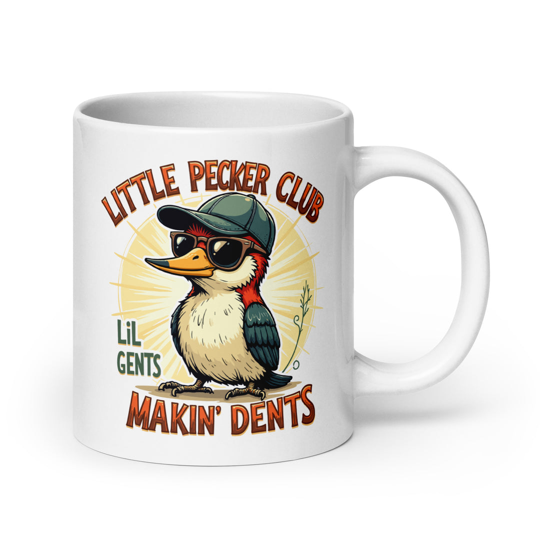 Funny Satire Coffee Mug featuring a cartoon woodpecker in sunglasses and cap design
