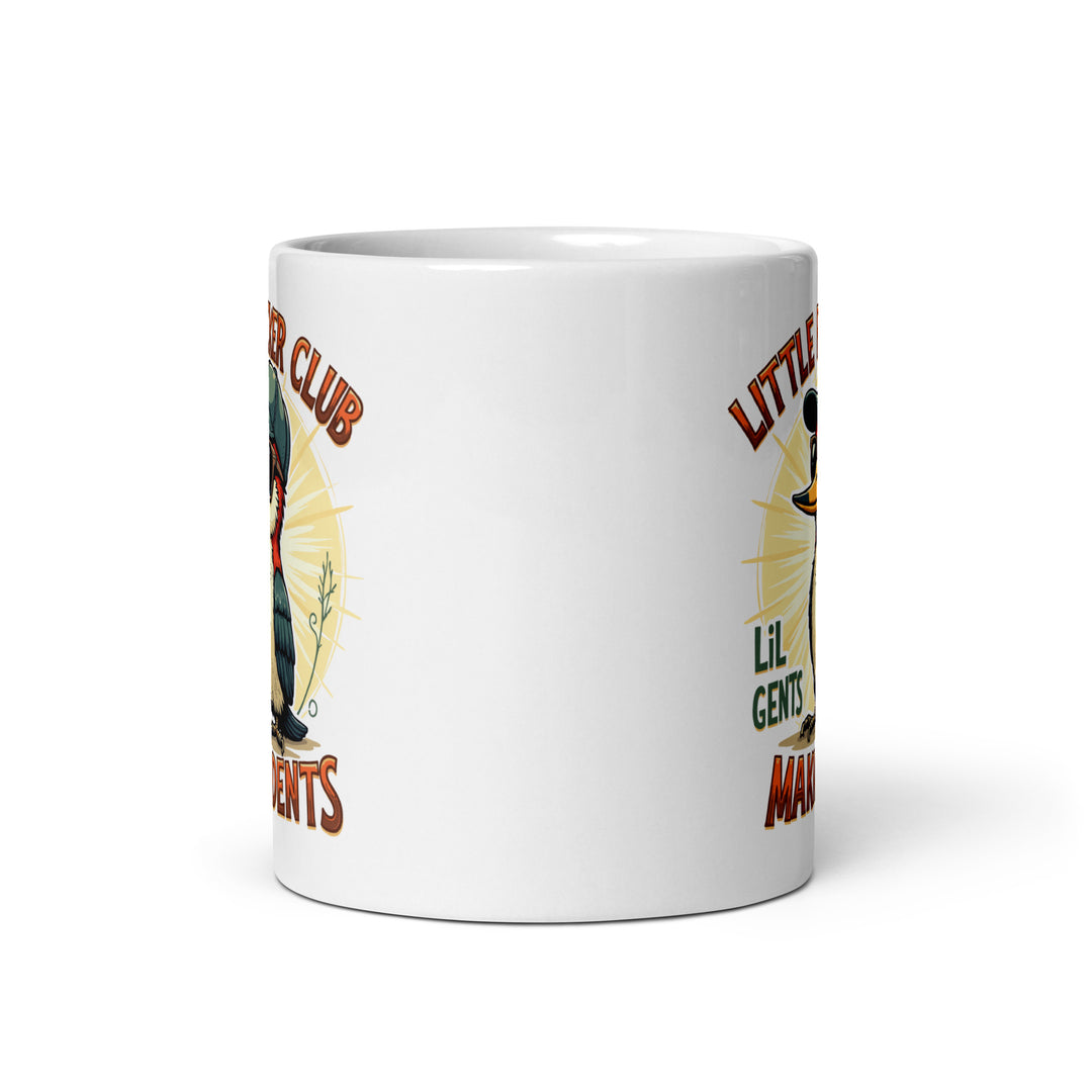 Funny Satire Coffee Mug featuring playful graphics of gents in a humorous design