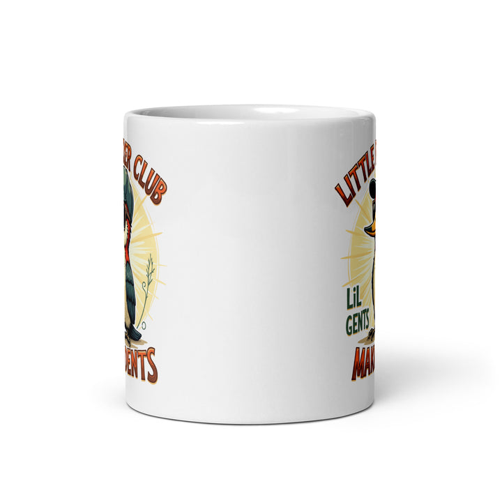 Funny Satire Coffee Mug featuring playful graphics of gents in a humorous design