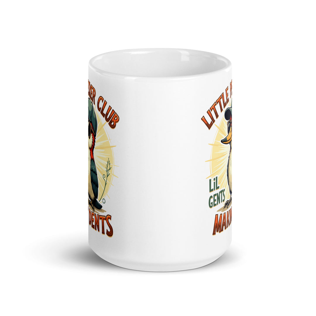 Funny Satire Coffee Mug featuring an illustration of a duck and the text Little Raiser Club