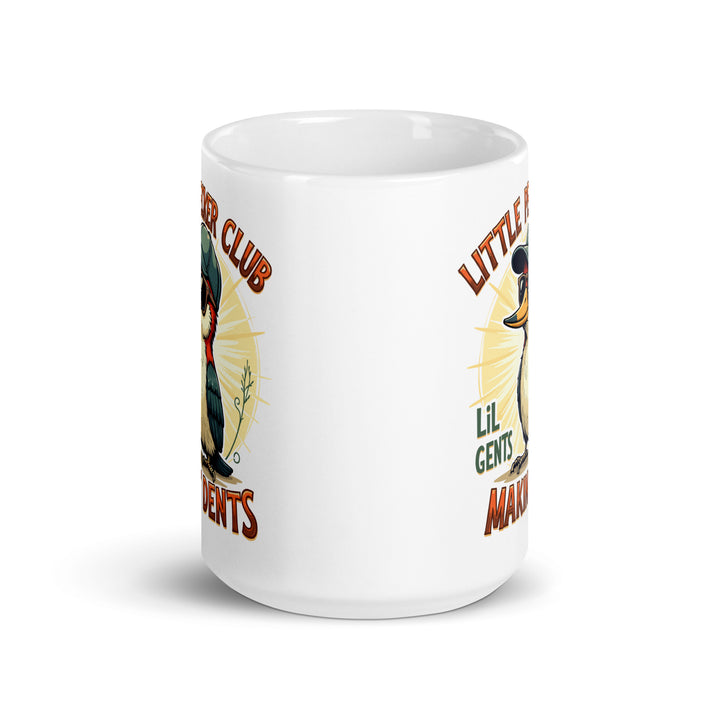 Funny Satire Coffee Mug featuring an illustration of a duck and the text Little Raiser Club