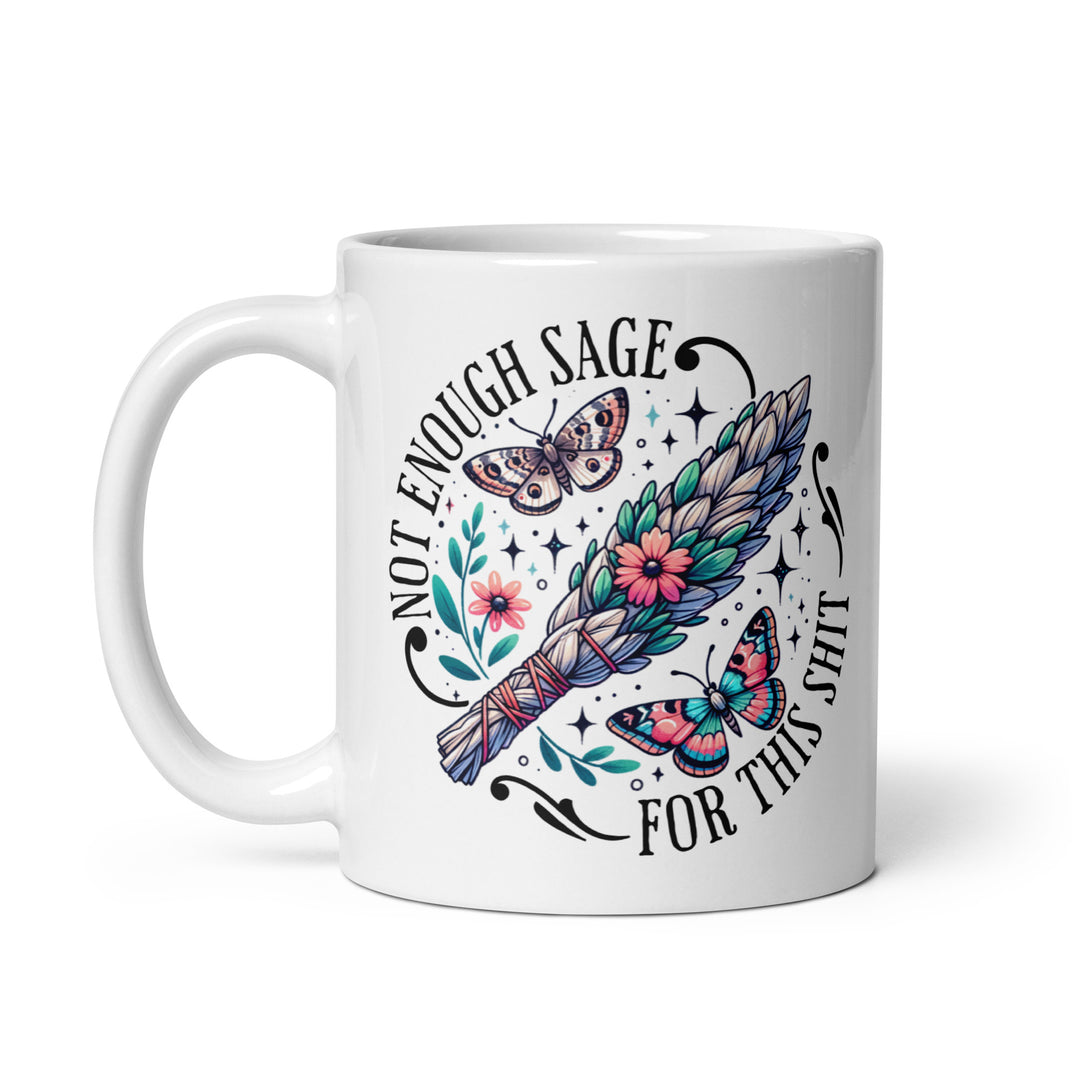 Funny Satire Coffee Mug with colorful graphic of sage and butterflies, featuring humorous text