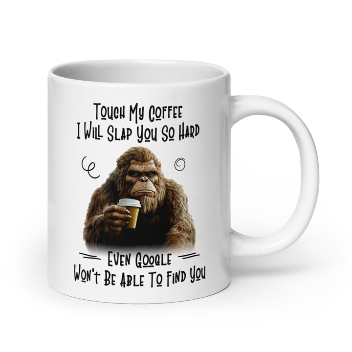 Funny Satire Coffee Mug featuring a playful gorilla image with a humorous quote about coffee