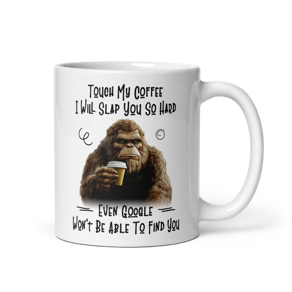 Funny Satire Coffee Mug featuring a humorous Bigfoot design with sarcastic text about coffee