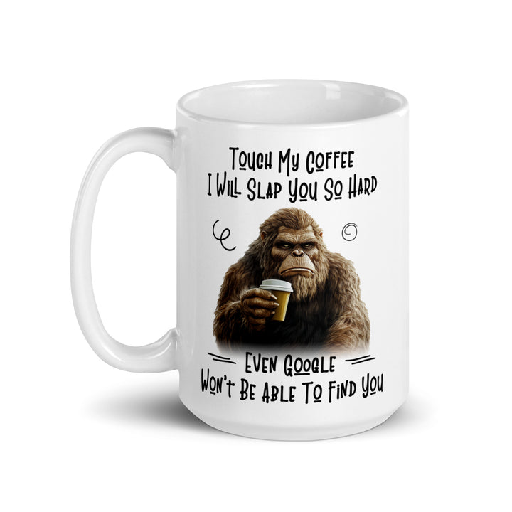 Funny Satire Coffee Mug featuring a gorilla with the quote about coffee and Google