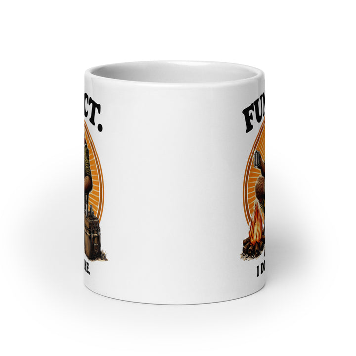 Funny Satire Coffee Mug featuring a humorous graphic design with a campfire and tools