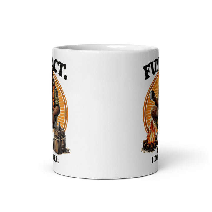 Funny Satire Coffee Mug featuring a humorous design with a character by a campfire