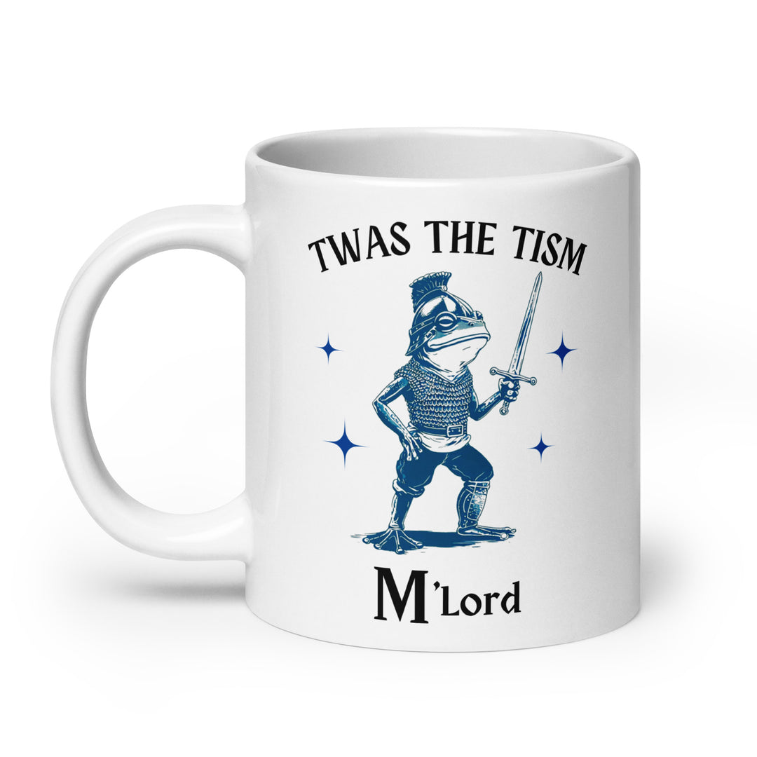 Funny Satire Coffee Mug featuring a frog in armor with the text Twas the Tism M'Lord
