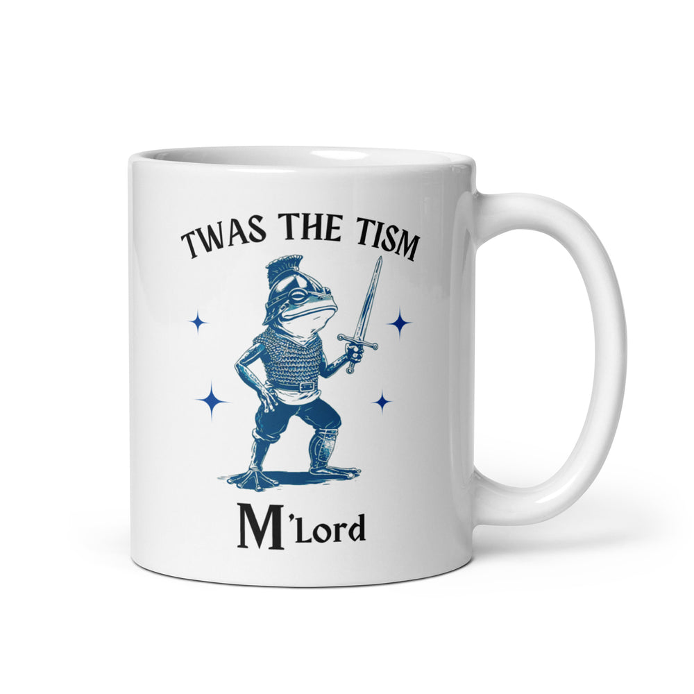 Funny Satire Coffee Mug featuring a frog in armor with the text Twas the Tism M'Lord