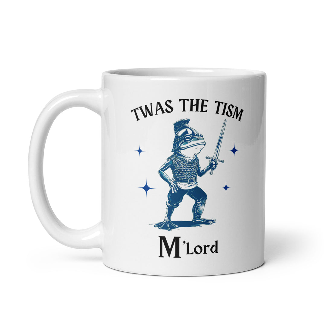 Funny Satire Coffee Mug featuring a frog in armor with the text 'Twas the Tism M'Lord'
