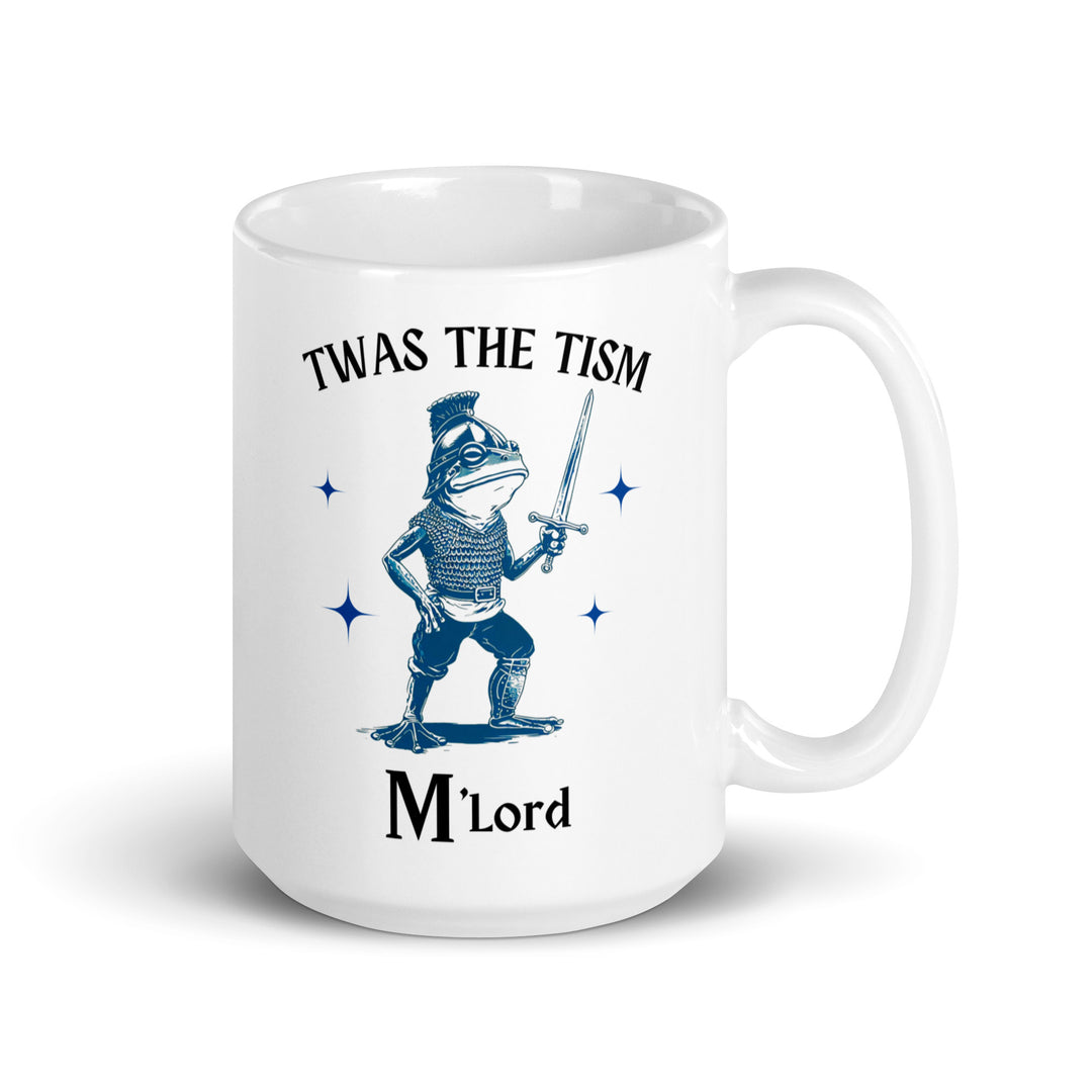Funny Satire Coffee Mug featuring a whimsical frog knight with a sword and playful text