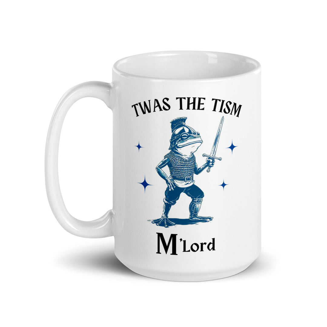 Funny Satire Coffee Mug featuring a frog in armor with the text 'Twas the Tism M'Lord'