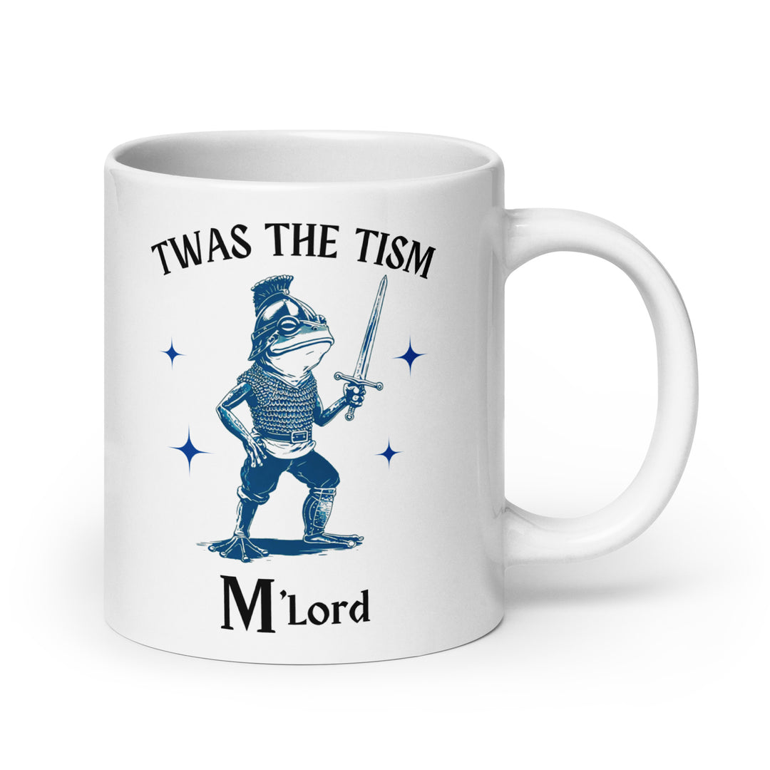 Funny Satire Coffee Mug featuring a frog in armor with the text Twas the Tism M'Lord