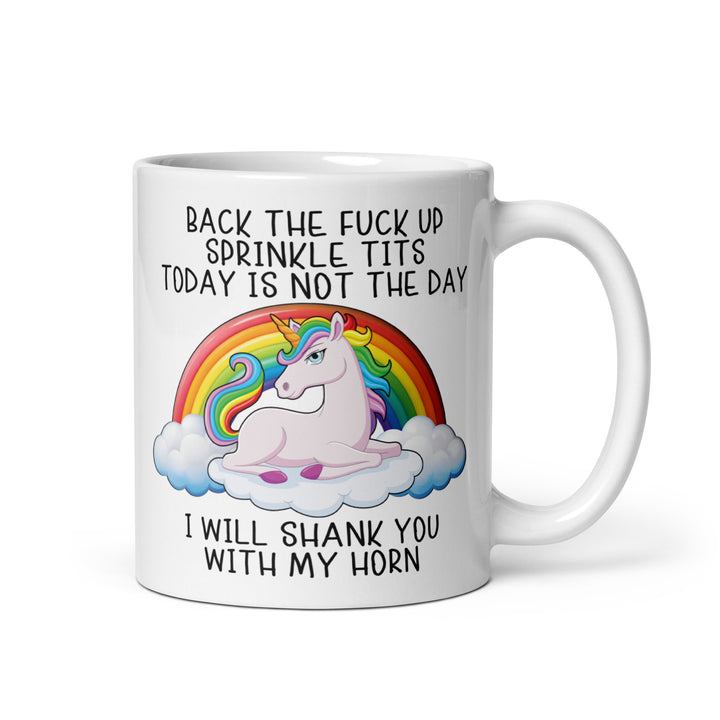 Funny Satire Coffee Mug featuring a unicorn, rainbow, and humorous quote for playful coffee lovers