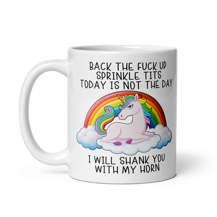 Funny Satire Coffee Mug featuring a unicorn and humorous text about shanking