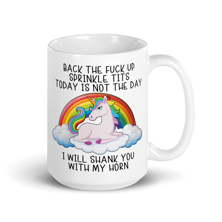 Funny Satire Coffee Mug featuring a unicorn with a humorous quote and rainbow design