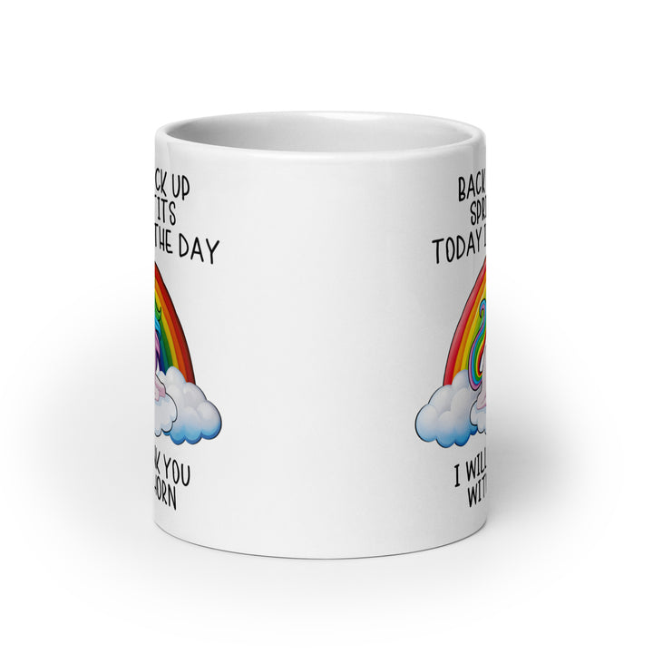 Funny Satire Coffee Mug with colorful rainbow and light-hearted motivational quote for daily use