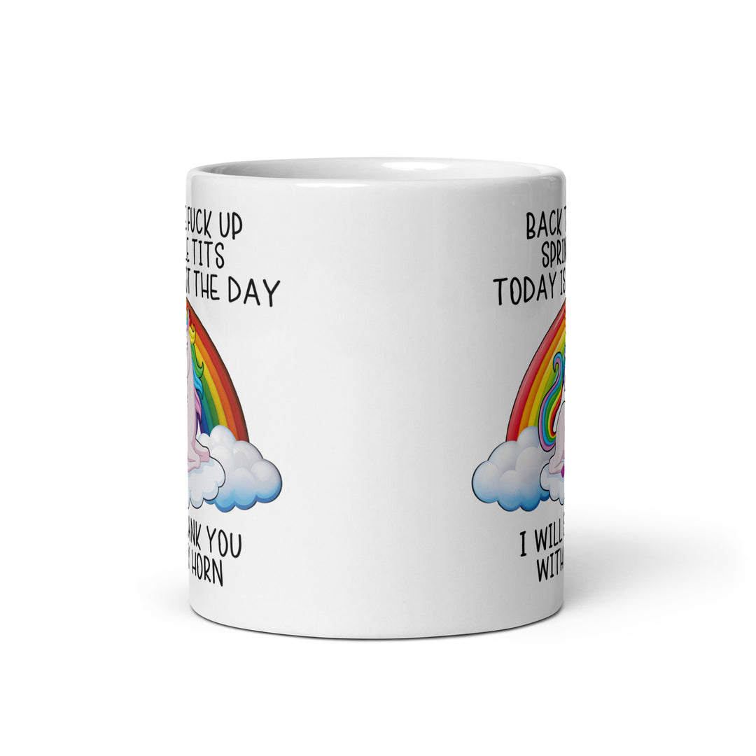 Funny Satire Coffee Mug featuring a unicorn and a rainbow with humorous text for coffee lovers