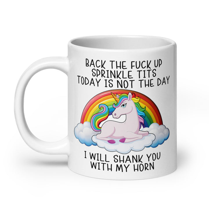 Funny Satire Coffee Mug featuring a unicorn graphic with humorous text for lighthearted coffee lovers