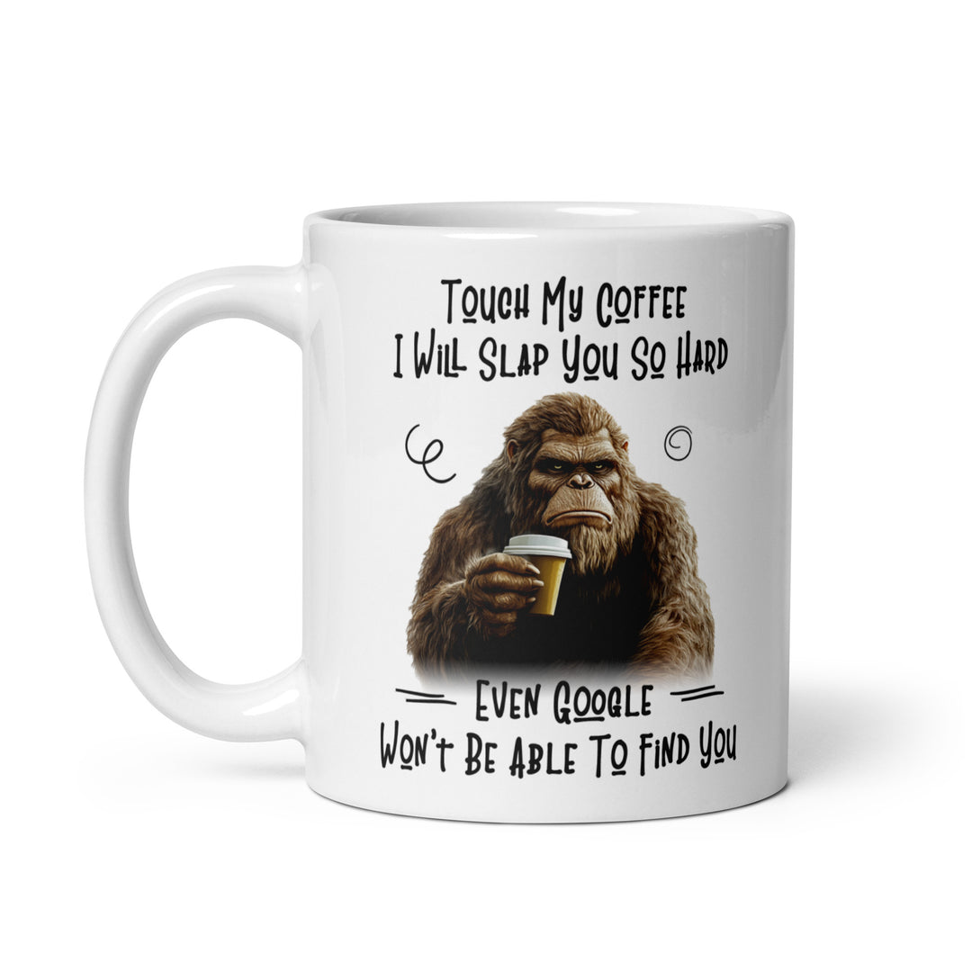 Funny Satire Coffee Mug with Bigfoot holding a coffee and humorous text design