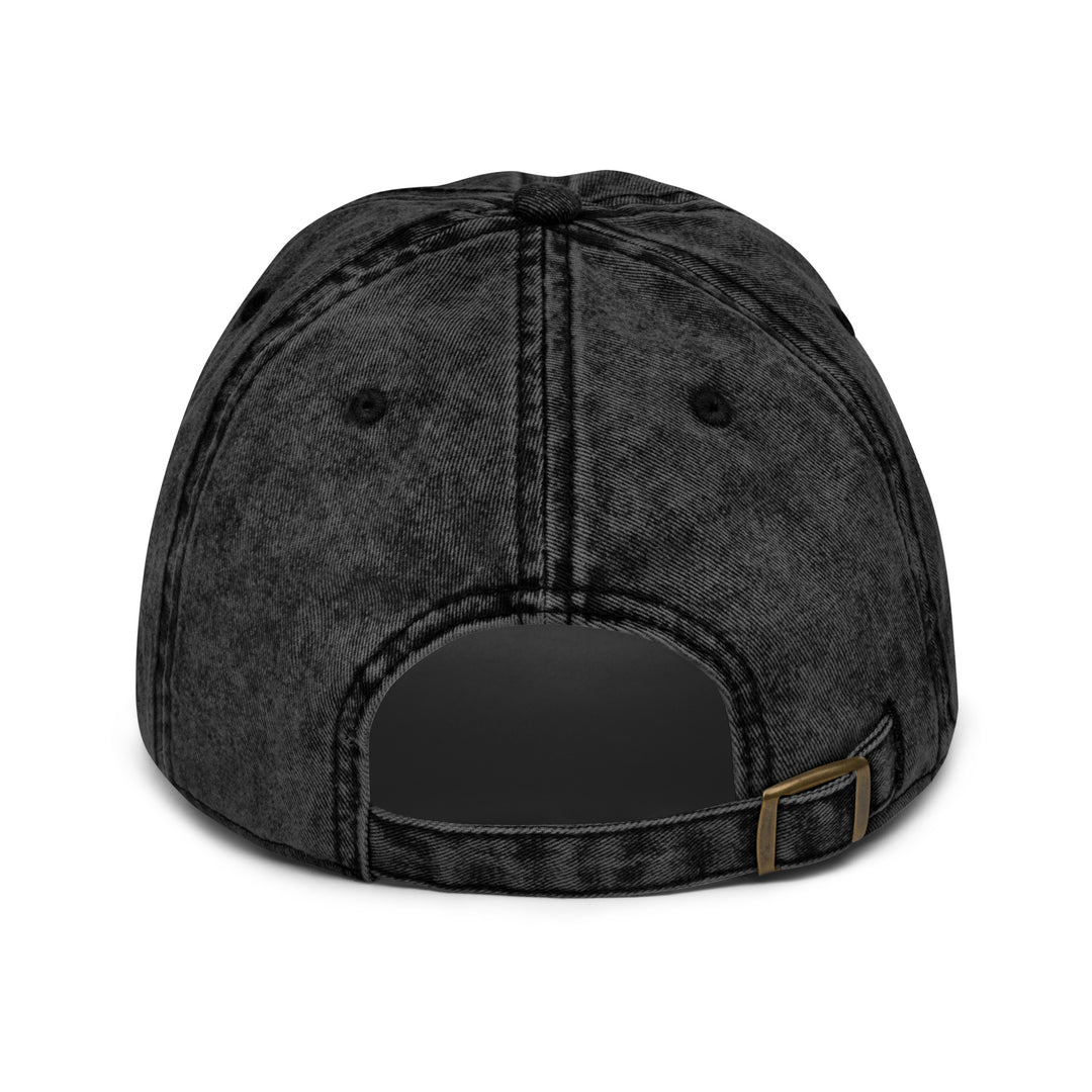 Rear view of a black denim cap featuring Kobe Bryant Black Mamba Lakers design with a classic adjustable strap