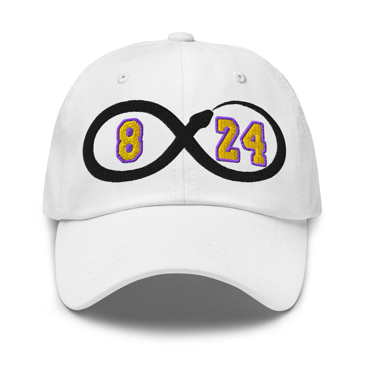 White cap featuring embroidered infinity symbol with 8 and 24 for Kobe Bryant Black Mamba Lakers fans