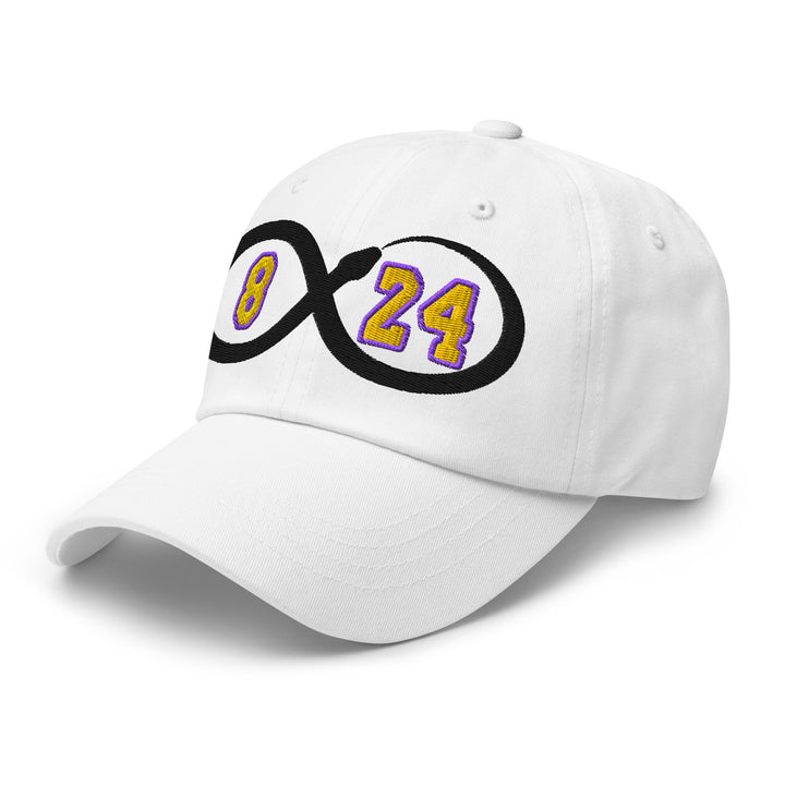 White baseball cap featuring 8 and 24 infinity symbol for Kobe Bryant Black Mamba Lakers fans