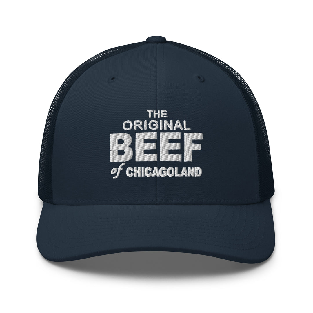 Navy blue trucker hat with original Beef of Chicagoland logo, inspired by The Bear TV Series