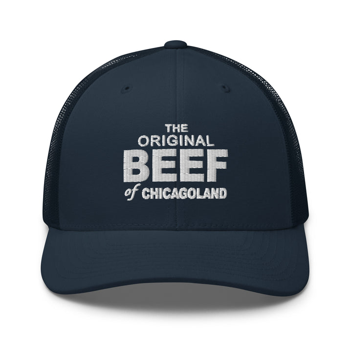 Navy blue trucker hat with original Beef of Chicagoland logo, inspired by The Bear TV Series