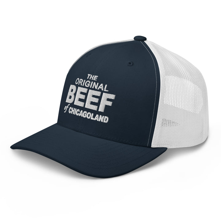 Navy and white trucker hat featuring 'The Original Beef of Chicagoland' text, inspired by The Bear TV Series