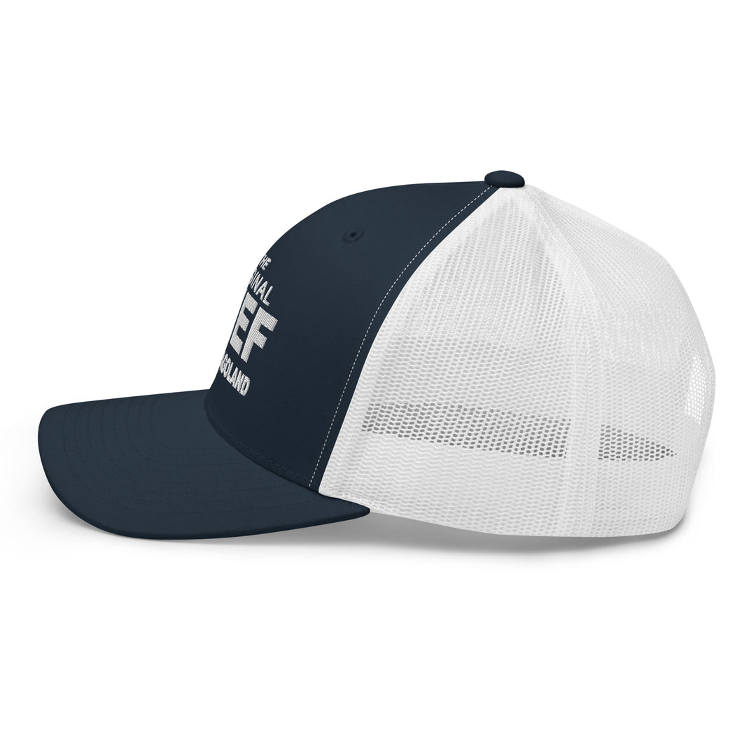 Navy and white trucker hat featuring text for The Bear TV Series with breathable mesh design