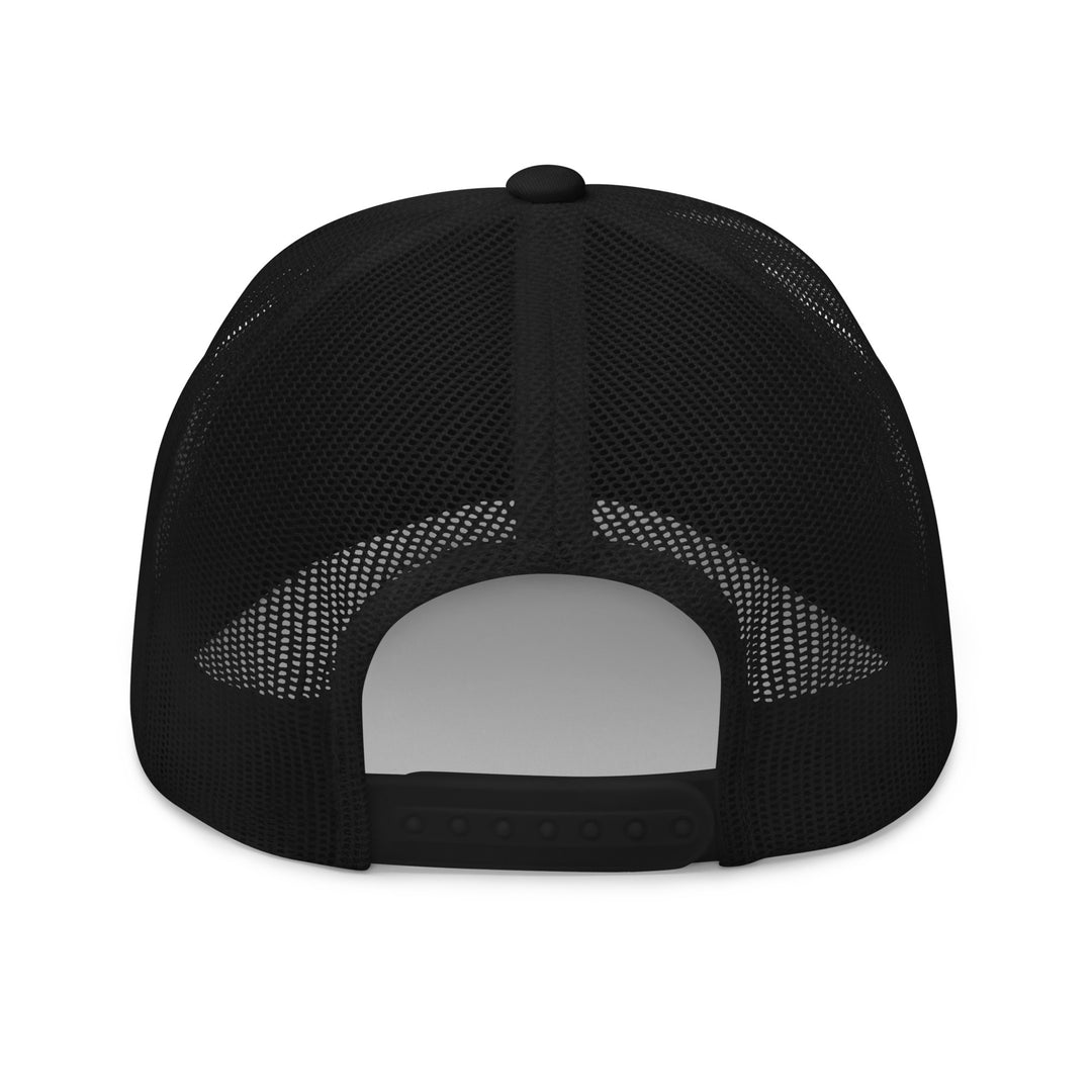 Back view of a black mesh trucker hat, perfect for Urban Streetwear Apparel enthusiasts