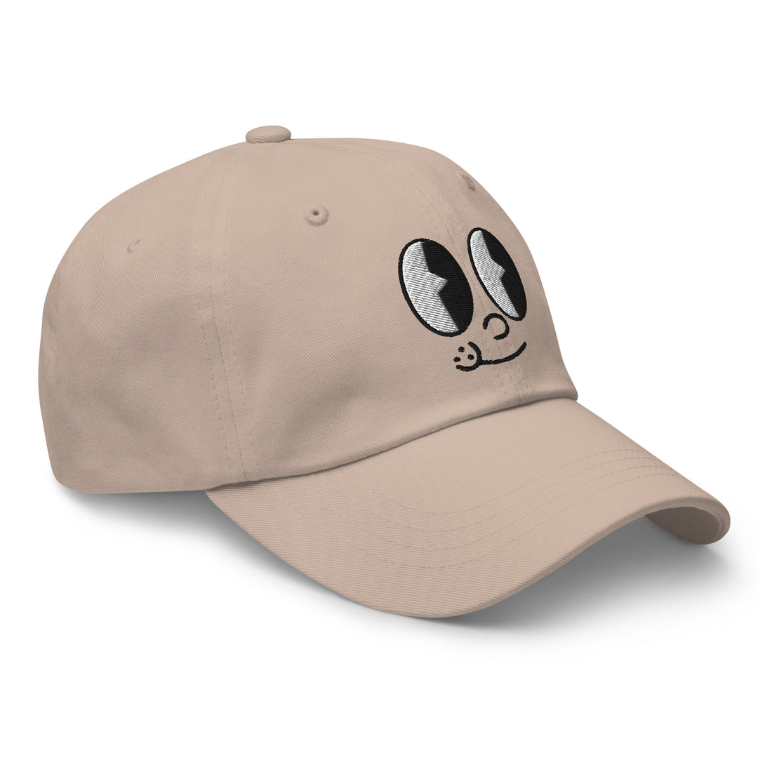 Beige cap featuring playful eyes design, perfect for Urban Streetwear Apparel enthusiasts.