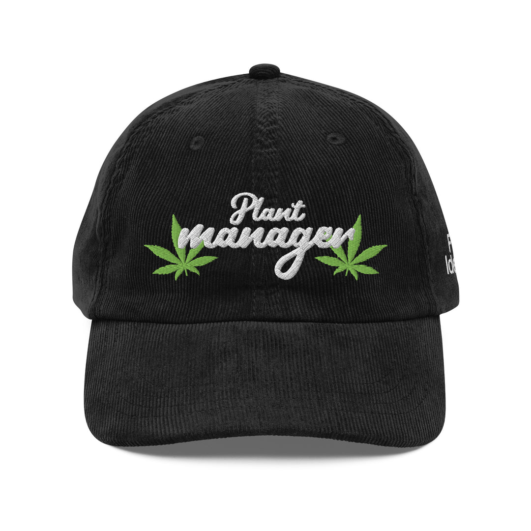 Black corduroy cap with embroidered 'Plant Manager' and green leaf design, perfect for Urban Streetwear Apparel