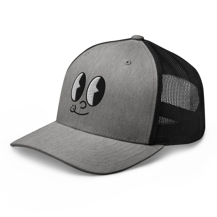 Fluid Identity Gray Trucker Hat with Cartoon Eyes Design for Urban Streetwear Apparel
