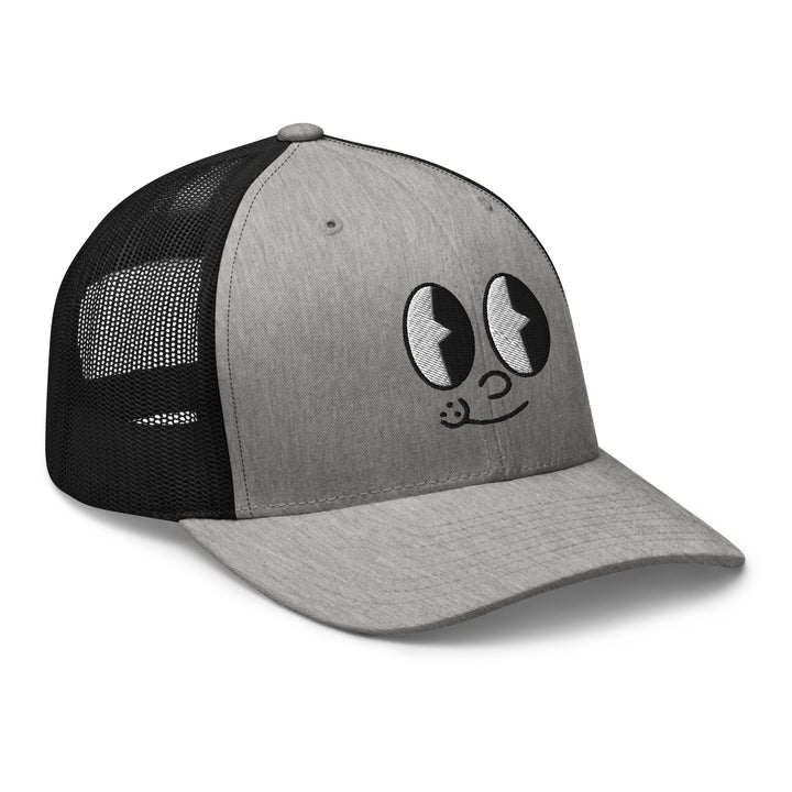 Gray mesh cap with playful face design, perfect for Urban Streetwear Apparel enthusiasts
