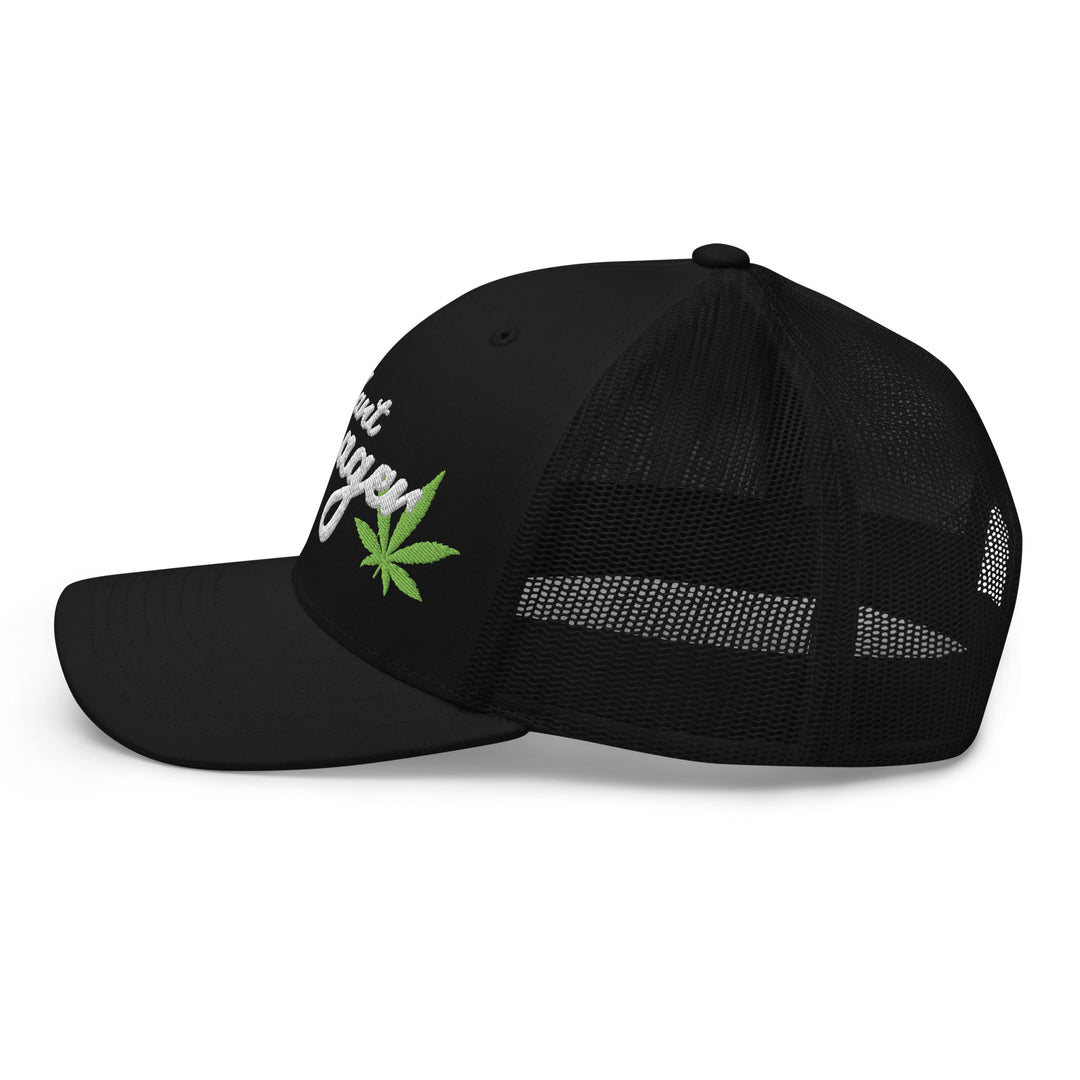 Fluid Identity Black Trucker Cap with Cannabis Leaf for Urban Streetwear Apparel Fans