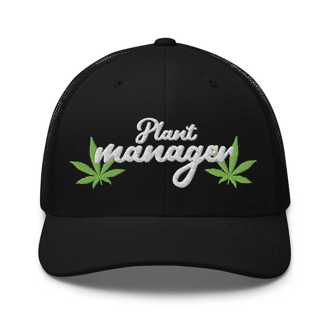 Black Trucker Hat with Plant Manager Embroidery and Leaf Design, Perfect for Urban Streetwear Apparel