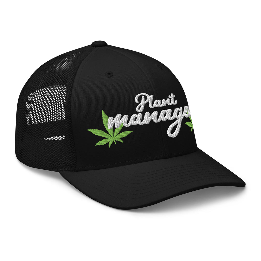 Black trucker hat featuring embroidered 'Plant Manager' with green leaf accents, ideal for Urban Streetwear Apparel