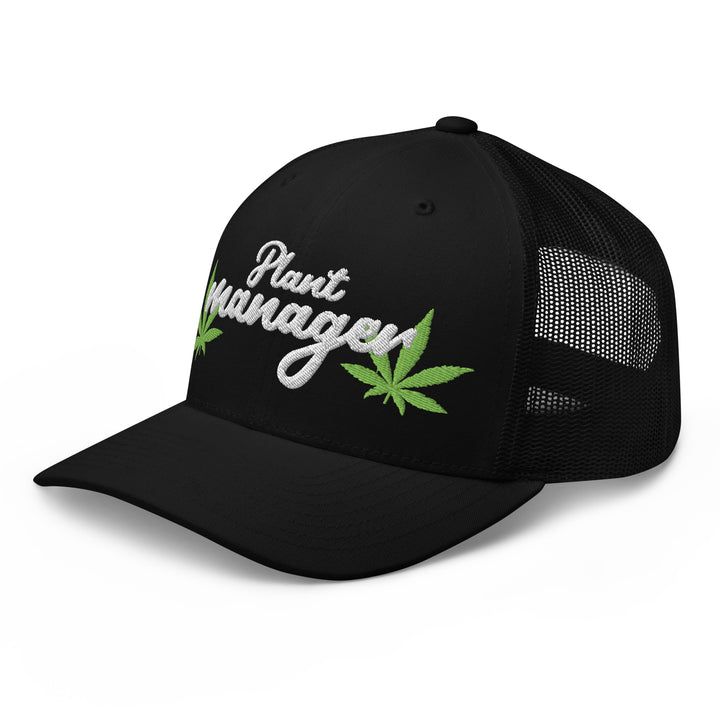 Black trucker hat with 'Plant Manager' embroidered design and cannabis leaves for Urban Streetwear Apparel