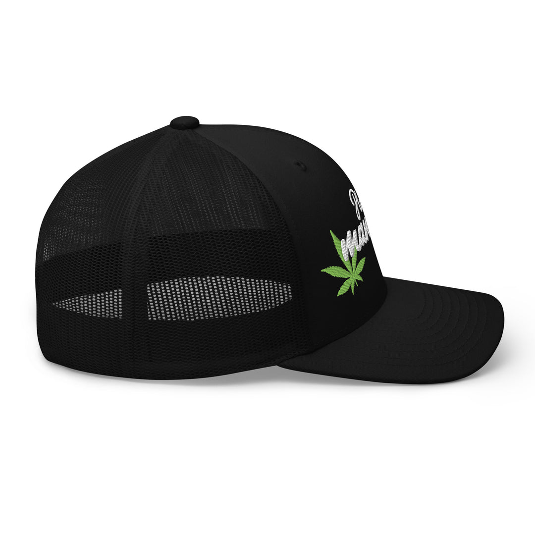Black Fluid Identity Trucker Hat with Green Leaf Embroidery for Urban Streetwear Apparel