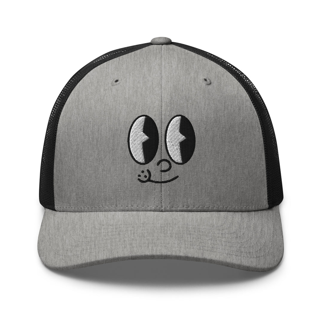 Fluid Identity Gray Trucker Hat with Cute Smiling Face Ideal for Urban Streetwear Apparel Style