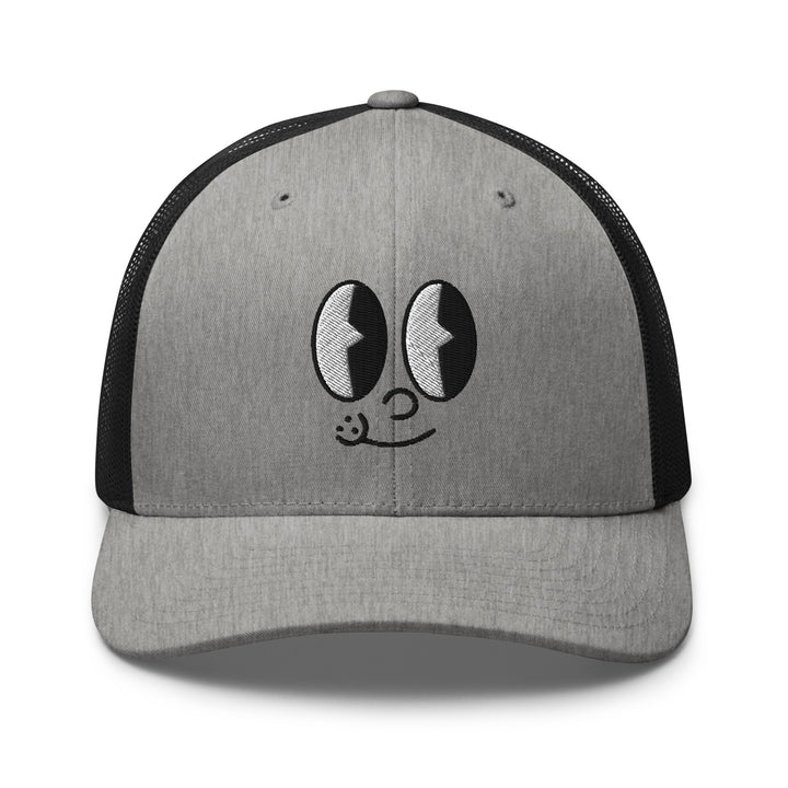 Fluid Identity Gray Trucker Hat with Cute Smiling Face Ideal for Urban Streetwear Apparel Style