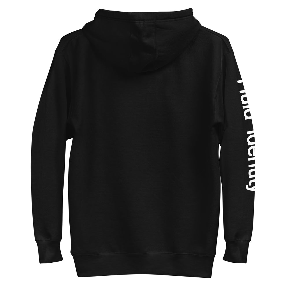 Back view of Fluid Identity black hoodie showcasing Urban Streetwear Apparel with logo detail