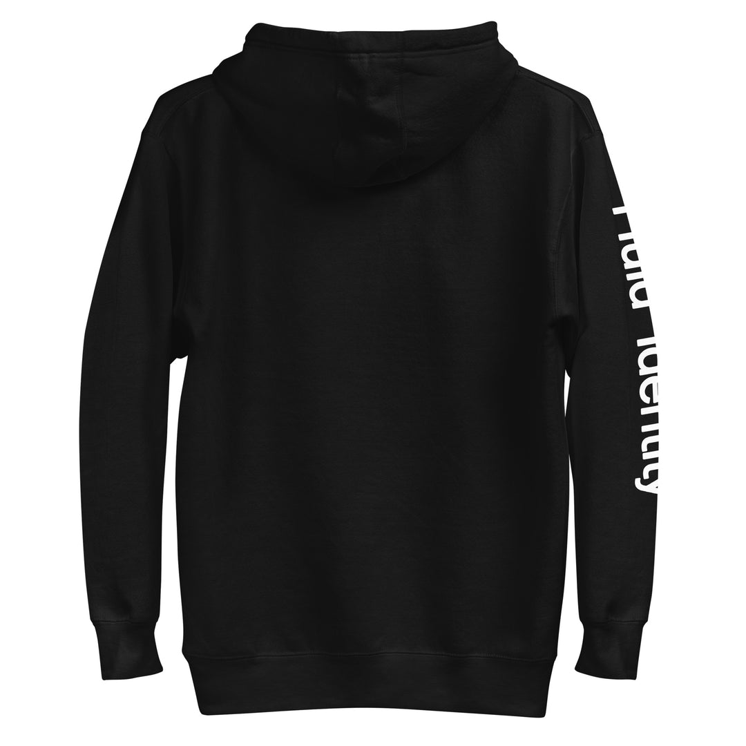 Back view of Fluid Identity black hoodie showcasing Urban Streetwear Apparel with logo detail