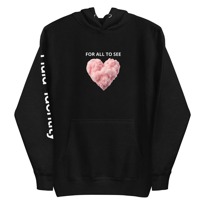 Fluid Identity Black Hoodie with Cloud Heart Design for Urban Streetwear Apparel Enthusiasts